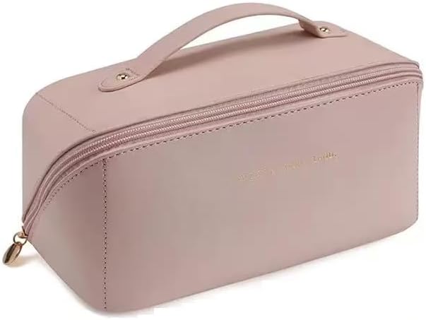 Travel Makeup Bag for Women, Large Capacity PU Leather Toiletry Bag with Multiple Compartments, Waterproof Cosmetic Organizer with Handle, Portable Travel Pouch for Skincare, Rose Pink