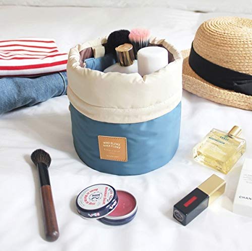 INVODA Cosmetic Bag for Women Barrel Shaped Travel Makeup Bags Large Capacity Soft Waterproof Portable Drawstring Cosmetic Bag Multifunctional Bucket Toiletry Bag (Blue)