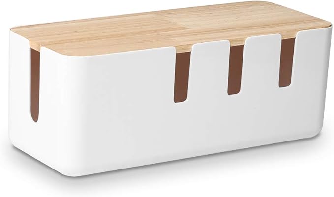 Cable Management Box by Baskiss, 12x5x4.5 inches, Wood Lid, Wire Organizer for Desk TV Computer USB Hub System to Cover and Hide & Power Strips & Cords