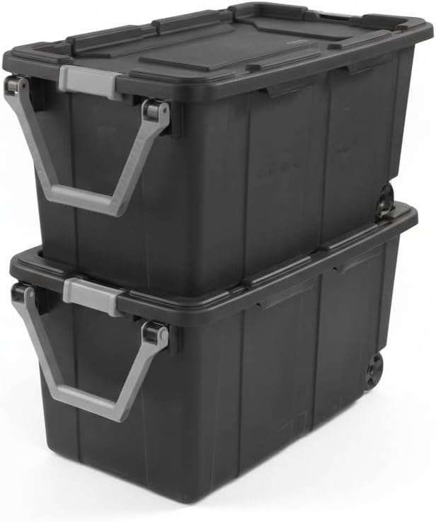 40 Gallon Heavy-Duty Rolling Storage Bins 2-Pack, Dark Gray Industrial Plastic with Pivot Handle, Leakproof Lid & Latches, for Garage Warehouse Equipment Transport & Storage