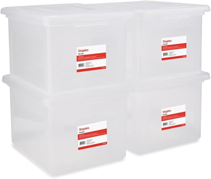 STAPLES Plastic File Box with Snap Lid, Letter/Legal Size, Clear, 4/Carton