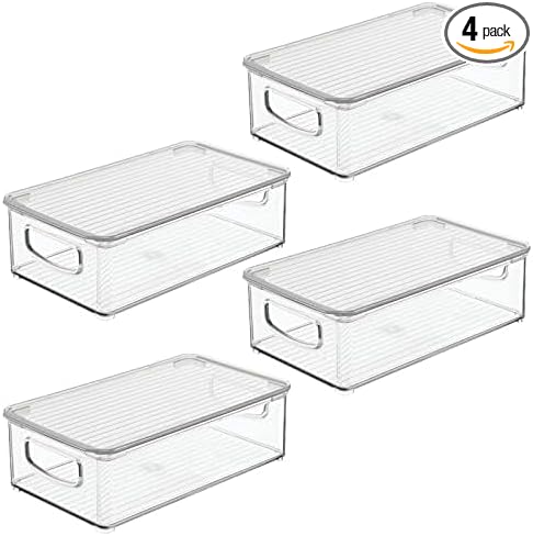 mDesign Plastic Storage Bin Box Container with Lid and Built-in Handles - Organization for Pens, Pencils, or Work Supplies in Home Office, Cabinet, or Desk Top, Ligne Collection - 4 Pack - Clear