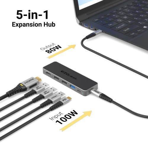 USB-C 5-in-1 Hub Pro Series: 4K 60Hz HDMI, 100W PD Charging, USB 3.0 Data, 20" Detachable Cable. Multiport Adapter for MacBook