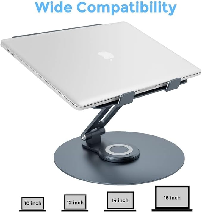 Swivel Laptop Stand for Desk, Adjustable Height Aluminum Computer Stand with 360 Rotating Base, Foldable Ergonomic Riser, Portable Laptop Holder Compatible with MacBook, All Laptops 10-17'', Grey