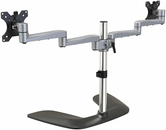 StarTech.com Dual Monitor Stand - Ergonomic Desktop Monitor Stand for up to 32" VESA Displays - Free-Standing Articulating Universal Computer Monitor Mount - Adjustable Height - Silver (ARMDUALSS)