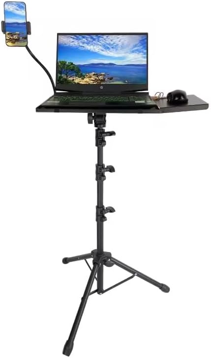 SKYMART Laptop Stand Tripod ??Adjustable Laptop Holder with Phone Mount | Heavy- Duty Alloy Tripod Stand with Tray | Height Adjustable 0.65??.6m | Portable, Foldable, 15kg Load Capacity | Black
