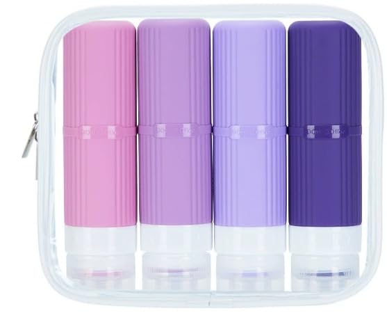 5 packs of toiletries travel bottles, TSA Approval silicone travel containers, leak proof refillable shampoo and conditioner are essential for travel, fitness, business trips, office use(purple)