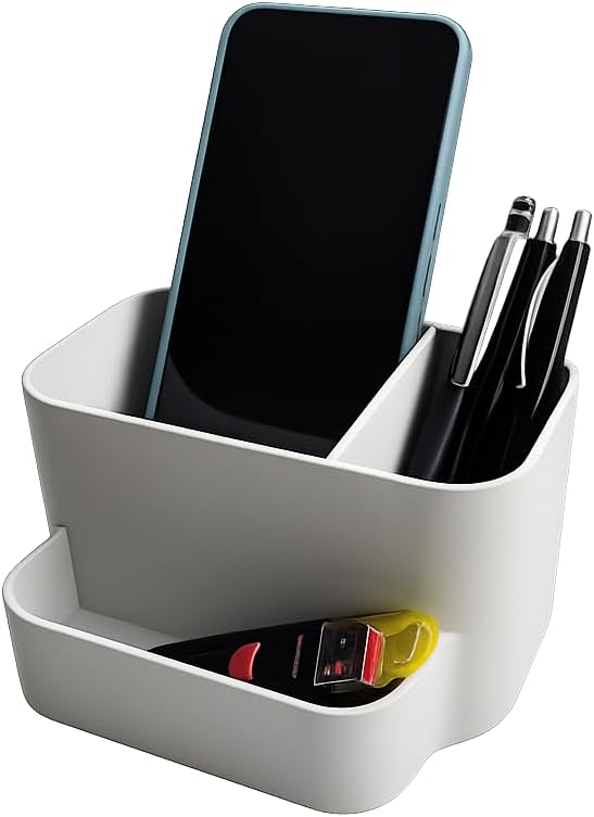 Desk Organizer with Phone Holder – Minimalist Office Storage for Pens, Accessories & Essentials – Modern Aesthetic Desk Organizer (Light Gray)