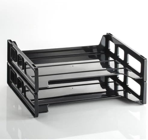 Stackable Desk Tray Organizer Black - Plastic Paper Tray for Letter Size Documents, Desktop File Organizer with 2 Sections, Home, Office, School Desk Paper Organizer - Pack of 6