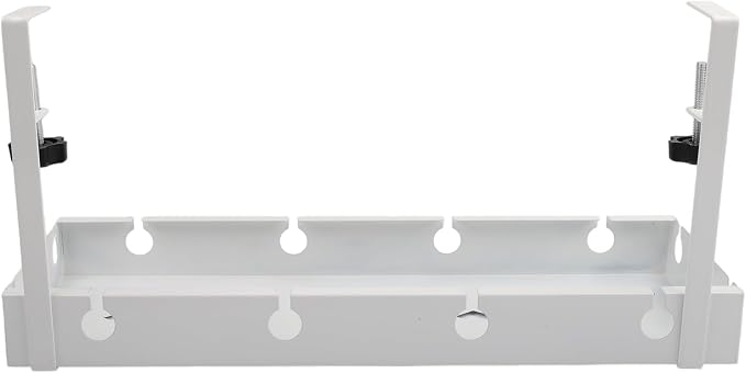 Under Desk Cable Tray with Ventilated Metal Frame for Heat Dissipation, Adjustable Fit for Office Desk and No Drilling Installation Required (White)