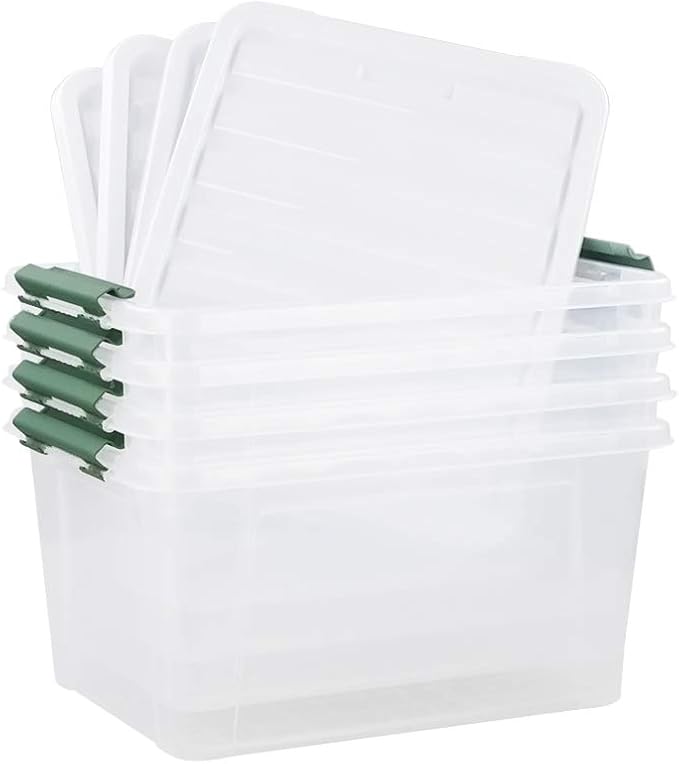 Gloreen 35 Quart Clear Storage Bins with Lid and Handle, Multipurpose Stackable Plastic Storage Latches Box/Containers,set of 4