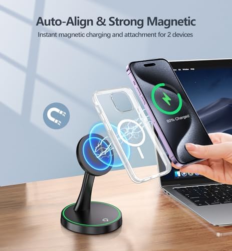 2 Pack Magnetic Wireless Charger Stand 15W Fast Mag-Safe Charger for iPhone iPhone 17 /17 pro/ 17 Air/ 17 pro max 16/15/14/13/12 Series Magnet Wireless Charging Station with Light for AirPods