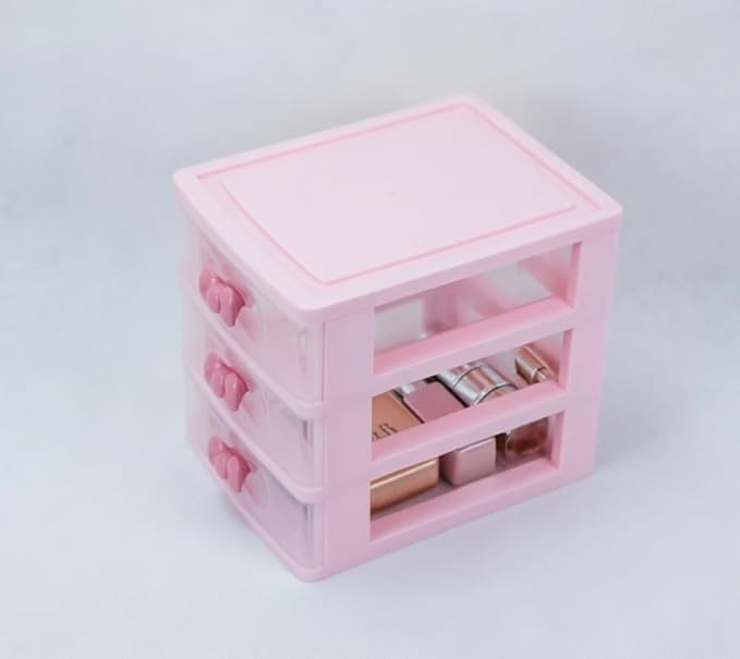 Plastic Storage Organizer for Girls – Cute Desktop Jewelry & Makeup Box with Bow Handles, Ideal for Teens’ Room Decor & School Supplies (Three Layers)