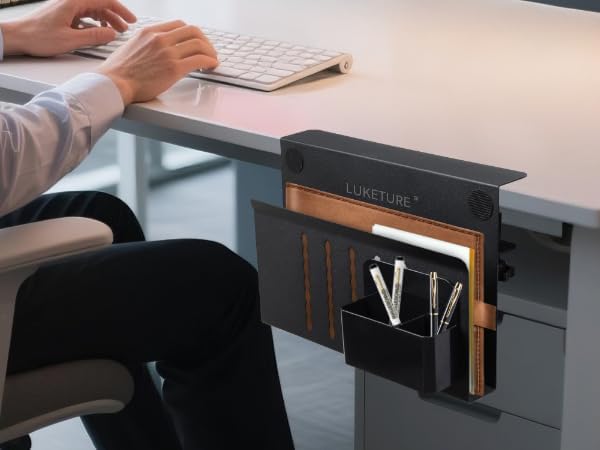 LUKETURE Laptop Holder, Steel Desk Side Storage, No Drill Standing Desk Accessories, Laptop Mount with Pen Holder, Back to School Supplies, Fits Flat Edge Tables 0.3" to 2.8" (Black, M(1 Tier))
