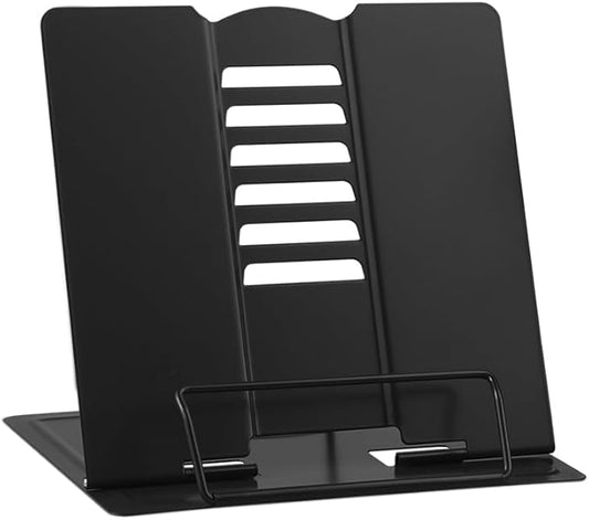 MSDADA Small Desk Book Stand Metal Reading Rest Book Holder Adjustable Cookbook Documents Holder Portable Sturdy Bookstands for Recipes Textbooks Tablet Music Books(Black)