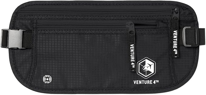 VENTURE 4TH Money Belt for Travel – Hidden Under-Clothes RFID Blocking Passport Holder & Slim Travel Wallet Pouch for Men & Women to Protect Cash, Cards & Documents (Pure Black)