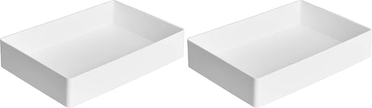 Amazon Basics Rectangular Plastic Desk Organizer with Storage Trays, Accessory Tray, Drawer Organizer, 9.4 x 6.7 x 2 inch, White (Pack of 2)
