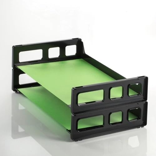 Stackable Desk Tray Organizer Black - Plastic Paper Tray for Letter Size Documents, Desktop File Organizer with 2 Sections, Home, Office, School Desk Paper Organizer - Pack of 8