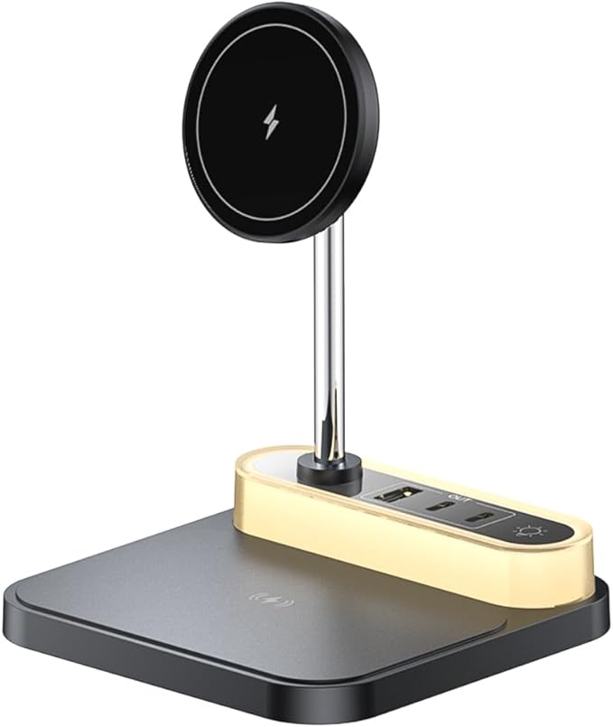 4-in 1 Magnetic Wireless Charging Station with Night Light, 15W Fast Mag-Safe Charge for iPhone 16/15/14/13/12 & AirPods, 3-Port Hub (2xType-C, 1xUSB) for Home, Office, Hotel