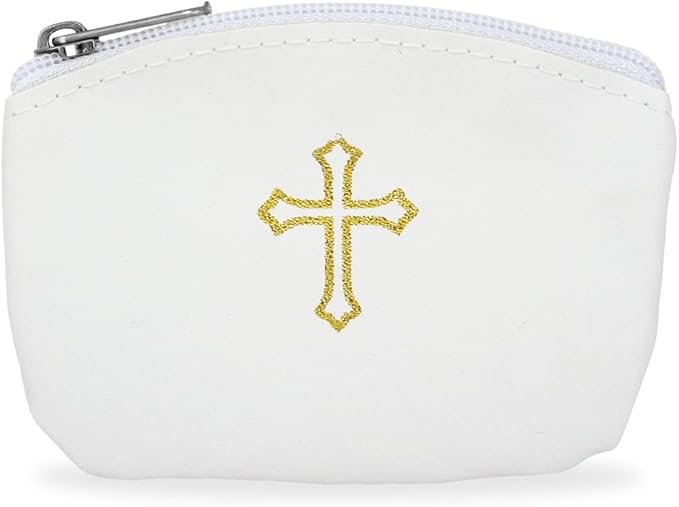 White Rosary Pouch with Zipper & Gold St. Thomas Cross Imprint | Compact Leatherette Rosary Case for Small to Medium Rosaries | Protective Travel Rosary Holder for Men & Women