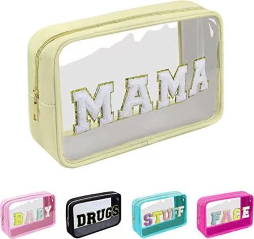 Large Clear Chenille Letters Makeup Bag for Travel,Beach, Clear Glitter Preppy Patch Stuff Cosmetic Bag,Clear Toiletry Stuff Pouch for Women for Valentines Day Gifts (10.62*6.29*3.54 inch,Apricot)