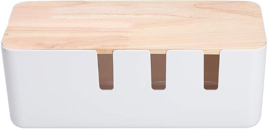 Cable Management Box Organizer with Wooden Cover, 30.3x12.5x11.5cm, for Home Office Desks, ABS Rubber Wood