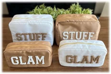 SkyTen Chenille Letter Make Up Bag Nylon Cosmetic Case Stuff Glam Stoney Clover Dupe Travel Organizer (White, X-Large)