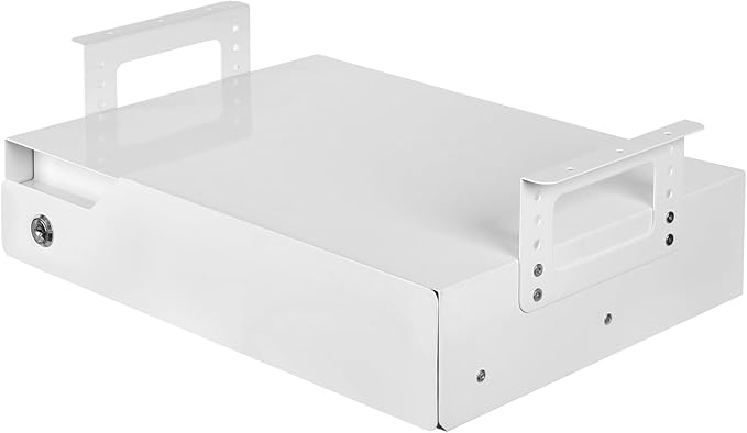 Under Desk Drawer Storage with Lock, Metal Undermount Table Drawer, Ball Bearing Slides Out Tray Organizer for Paper, Pencil, and Laptop 17.3"x11.8"x5.4", White with Adjustable Brackets