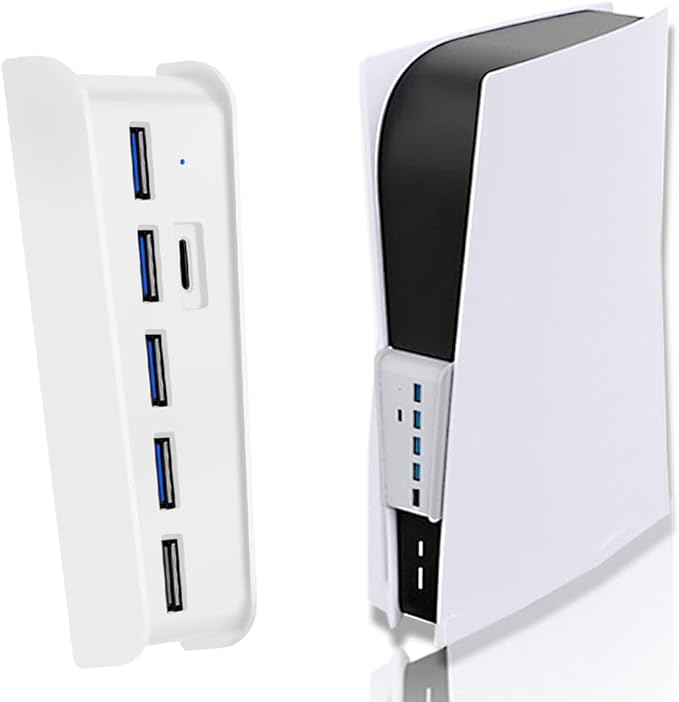 Megadream 6 Port USB Hub for PS5 Accessories, High-Speed Expansion Hub Charger Splitter Adapter with 4 USB-A 2.0 + 1 Charging + 1 Type C Port, Compatible with PlayStation 5 Console Front Jacks, White