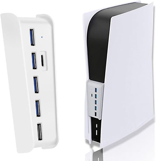 Megadream 6 Port USB Hub for PS5 Accessories, High-Speed Expansion Hub Charger Splitter Adapter with 4 USB-A 2.0 + 1 Charging + 1 Type C Port, Compatible with PlayStation 5 Console Front Jacks, White