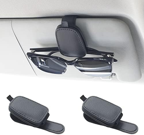 LAPRBY Magnetic Leather Car Sunglasses Holder & Ticket Card Clip - Car Visor Organizer, Windshield Mount Accessory 2 Packs (Black)