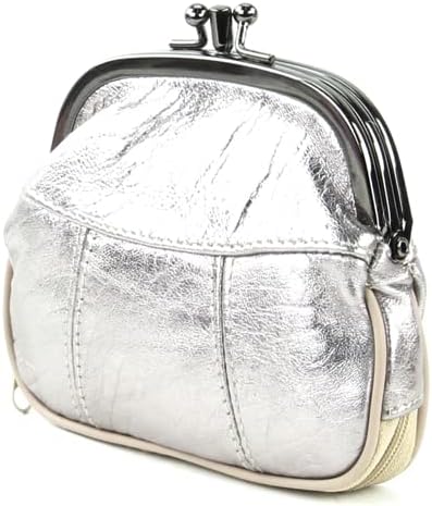Leather Impressions Double Coin Purse for Women - Genuine Leather Coin Purse with Twist Clasp, 1 zipper pocket, 1 pack lightweight - Timeless clean stitched Small Coin Purse (Silver)…