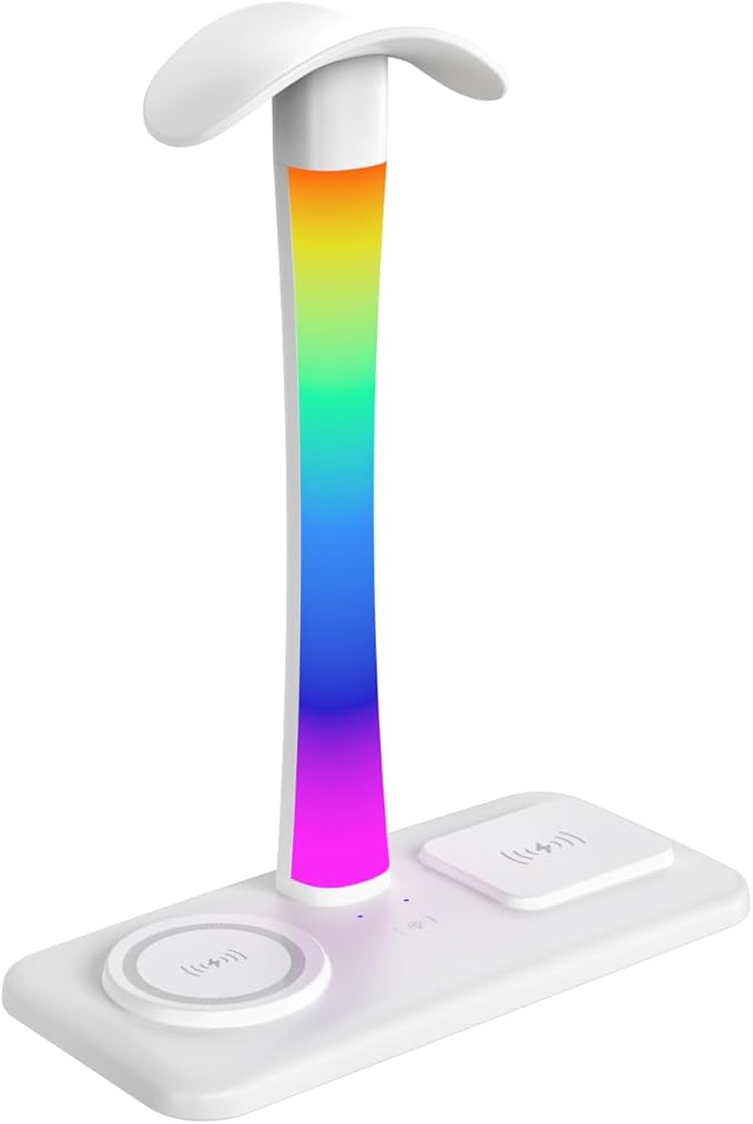 Headphone Stand with Wireless Charger,Gaming Headset Stand with RGB Light Mode,for iPhone17/16/15/14,Gifts for Gamers & Music Lover (White)