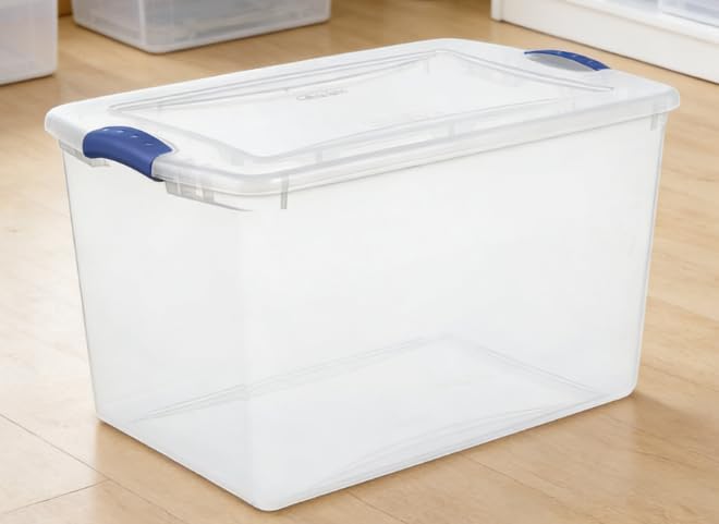 66-quart large-capacity transparent storage box with a safety lock lid, blue plastic container, sturdy and durable, minimalist style, suitable for bedroom storage.