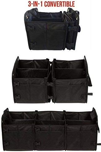 Tuff Viking Convertible Large 3 Compartment SUV Trunk Organizer | Truck Bed Organizer with Cover for Trucks, Cars, SUVs and Groceries. PATENTED (4-in-1 with Cover, Black)