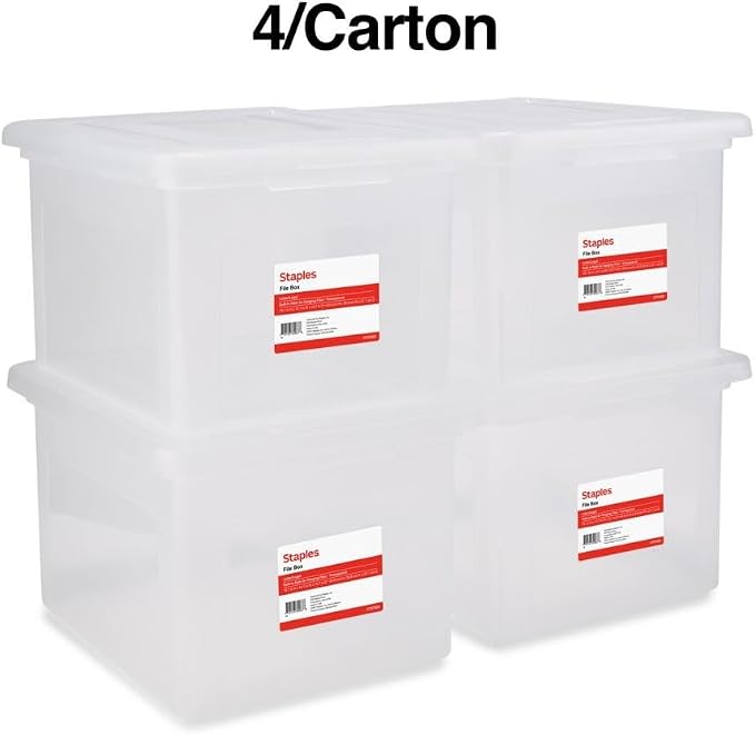 STAPLES Plastic File Box with Snap Lid, Letter/Legal Size, Clear, 4/Carton