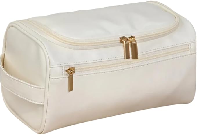 Travel Toiletry Bag – Soft Vegan Leather, Waterproof Hanging Design with Hook, – Cream White with Gold Accents, Full Size
