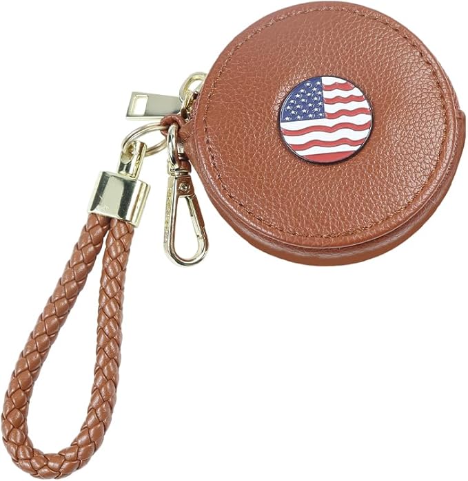 Coffee PU Leather Round Zipper Coin Purse, Badge Wallet with Braided Wrist Strap, Wallet Purse Shoulder Bag, Leather Wallet, Coin Pouches for Women (American Flag)