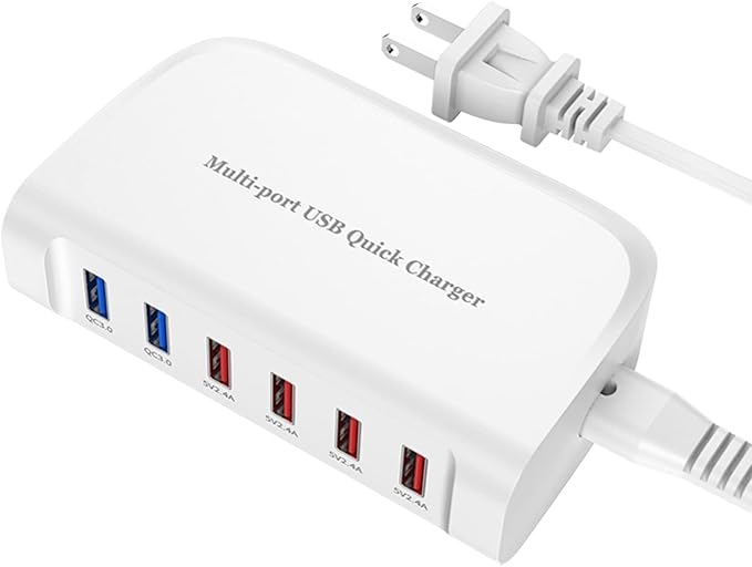 USB Fast Charger, 6-Port Portable Charging Station, Suitable for Various Devices, Compatible with iPhone, iPad, Samsung, Google, Xiaomi, Huawei and Other USB Charging Devices