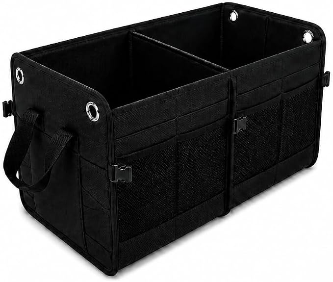 Car Trunk Organizer – Foldable Storage with 3 Compartments, Heavy Duty, Collapsible Cargo Organizer for SUV, Truck & Car (Black)