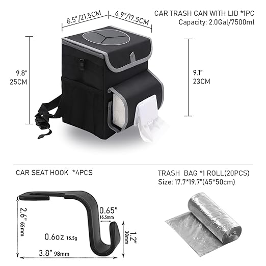 upra Car Trash Can with Lid Leakproof,Bag Hanging Storage Pockets,Adjustable Tissue Holder & Straps Garbage Bin, Portable Auto Trash Bag Holder for Road Trip, Kids, Dog Owners