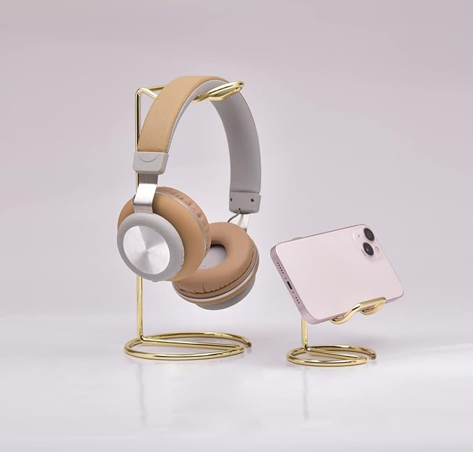 JIARI Headphones Stand and Cell Phone Stand Desktop Metal Holder Accessories 2pcs Set (Gold)