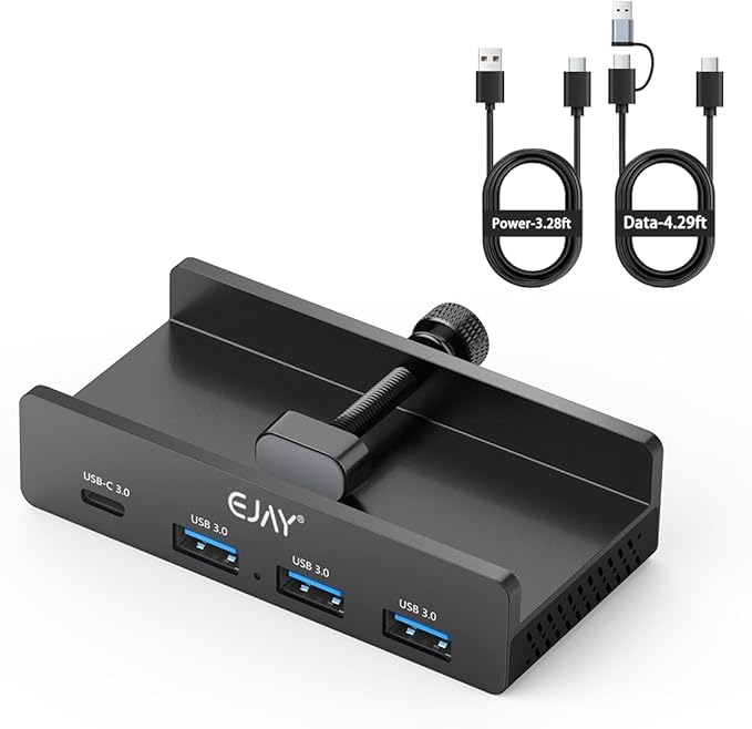 EJAY Mountable 4Ports USB3.0 HUB Alu Desktop Clamp Type C USB3.0 Splitter for Desk/Monitors with Extra Power Supply Port,59inches Data & 39inches Power Cables-5Gbps, Black