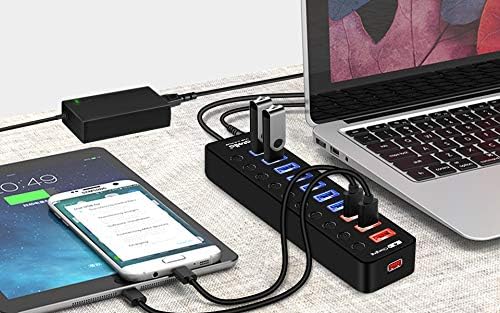 Powered USB 3.0 Hub, USB 3.0 Data Hub 11 Ports - 7 USB 3.0 Data Ports + 4 Smart Charging Port with Individual On/Off Switches and 12V/4A Power Adapter USB Hub 3.0 Splitter