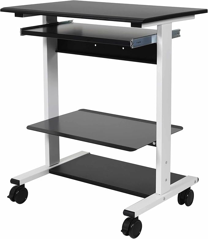 Stand Up Desk Store Mobile Rolling Adjustable Height Standing Workstation with Printer Shelf and Slideout Keyboard Tray (White Frame/Black Top, 30" Wide)