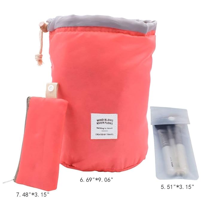INVODA Drawstring Cosmetic Bag 2PCS Travel Makeup Bag for Women Toiletry Bag Portable Drawstring Make up Organizer Bag for Travel (Pink+Red)