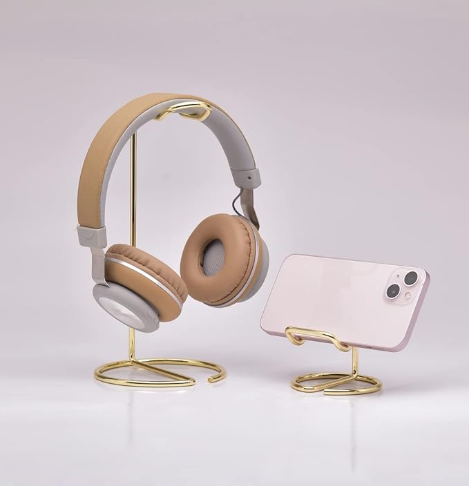 JIARI Headphones Stand and Cell Phone Stand Desktop Metal Holder Accessories 2pcs Set (Gold)