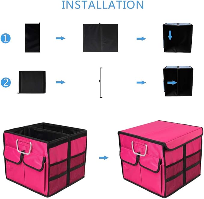 Car Trunk Organizer Collapsible Portable Multi Compartments Organizer with Non Slip Straps for SUV Truck Auto Vehicle Car Auto Minivan (Small covered, Rose red)