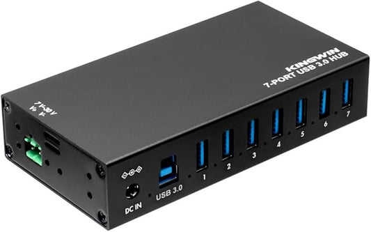 Kingwin 7-Port USB 3.0 Hub Offers 5Gbps speeds, Powered Expansion, and a Durable mountable Aluminum Design. Ideal for PC, Laptop, POS, and Server Racks. Plug & Play.