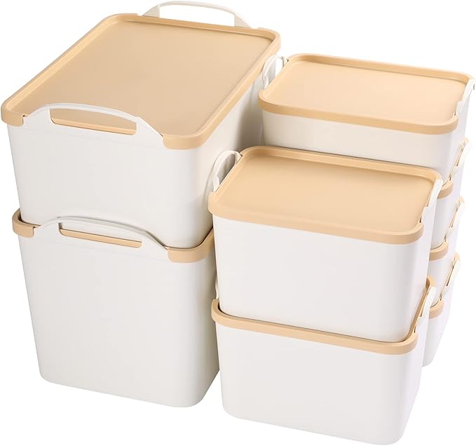 ANMINY 8PCS Plastic Storage Bins Containers with Lids, Large Storage Organization Bins Boxes, Lidded Plastic Storage Baskets for Closet Shelves Desktop, Wheat Lids, 1XL + 1L + 2M + 4S